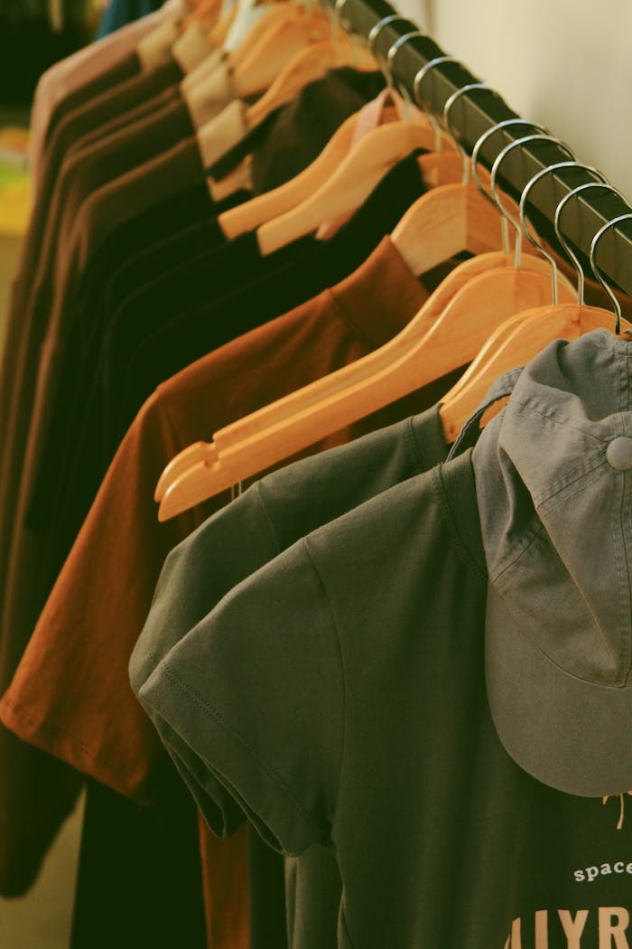 Clothing rack with modern streetwear shirts and wooden hangers in a fashion store.